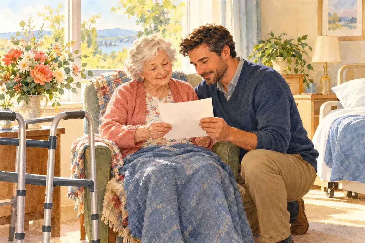 Watercolor of an elderly mother in a rehab room holding a notice while her adult son kneels beside her chair to read it with her