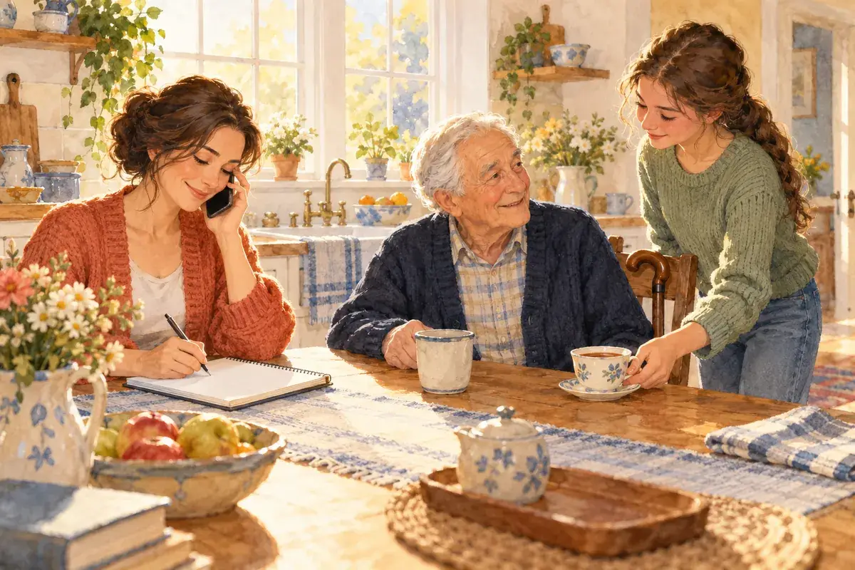 Watercolor of a daughter on a phone call at the kitchen table taking notes, her father beside her and a granddaughter bringing him tea