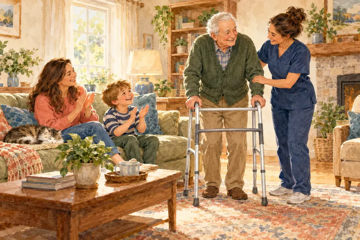 Watercolor of a grandfather practicing with a walker at home with a therapist as his daughter and grandson cheer him on from the sofa