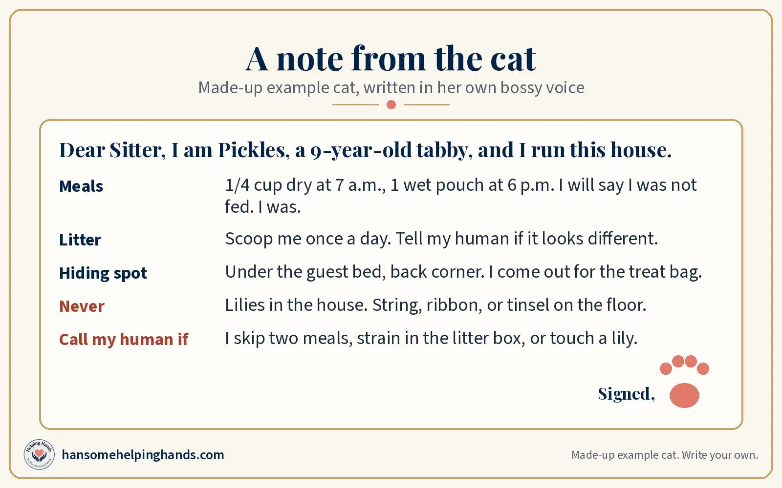 A note from a made-up tabby cat to her sitter listing meals, litter, her hiding spot, things never allowed, and when to call