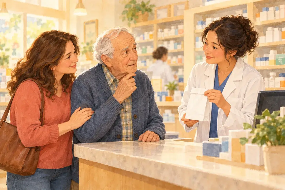 Watercolor of an elderly father at a pharmacy counter looking puzzled as his adult daughter holds his arm and a kind pharmacist holds a small blank bag