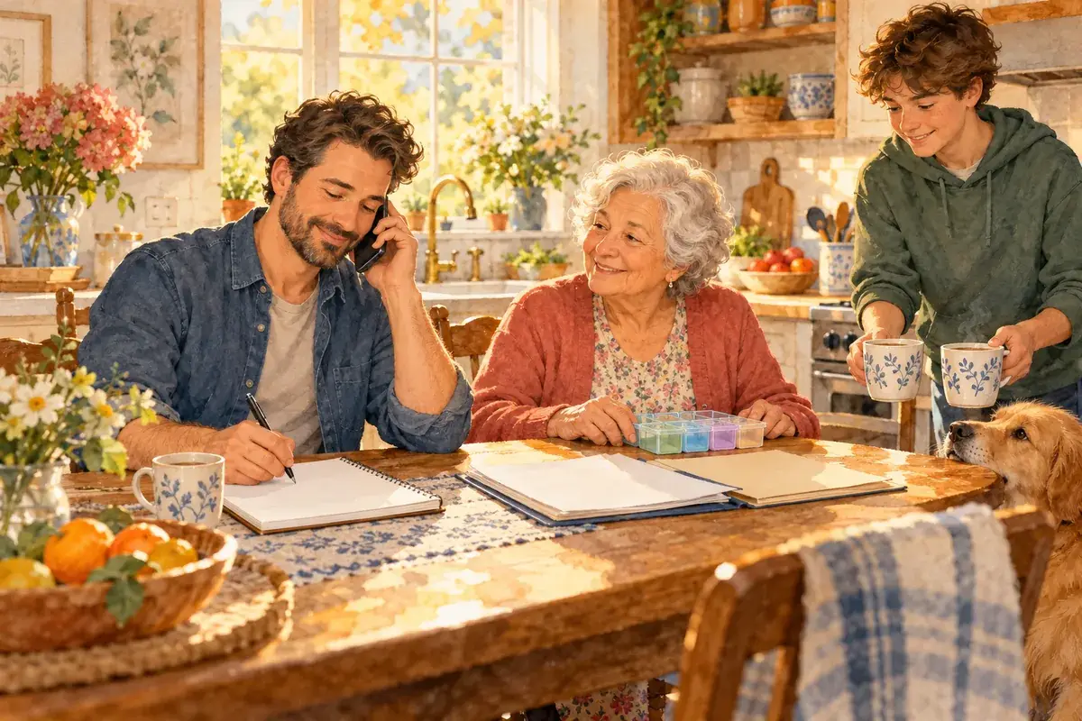 Watercolor of an adult son on the phone taking notes beside his mother and her pill organizer, a teenage grandson bringing tea, a golden retriever nearby