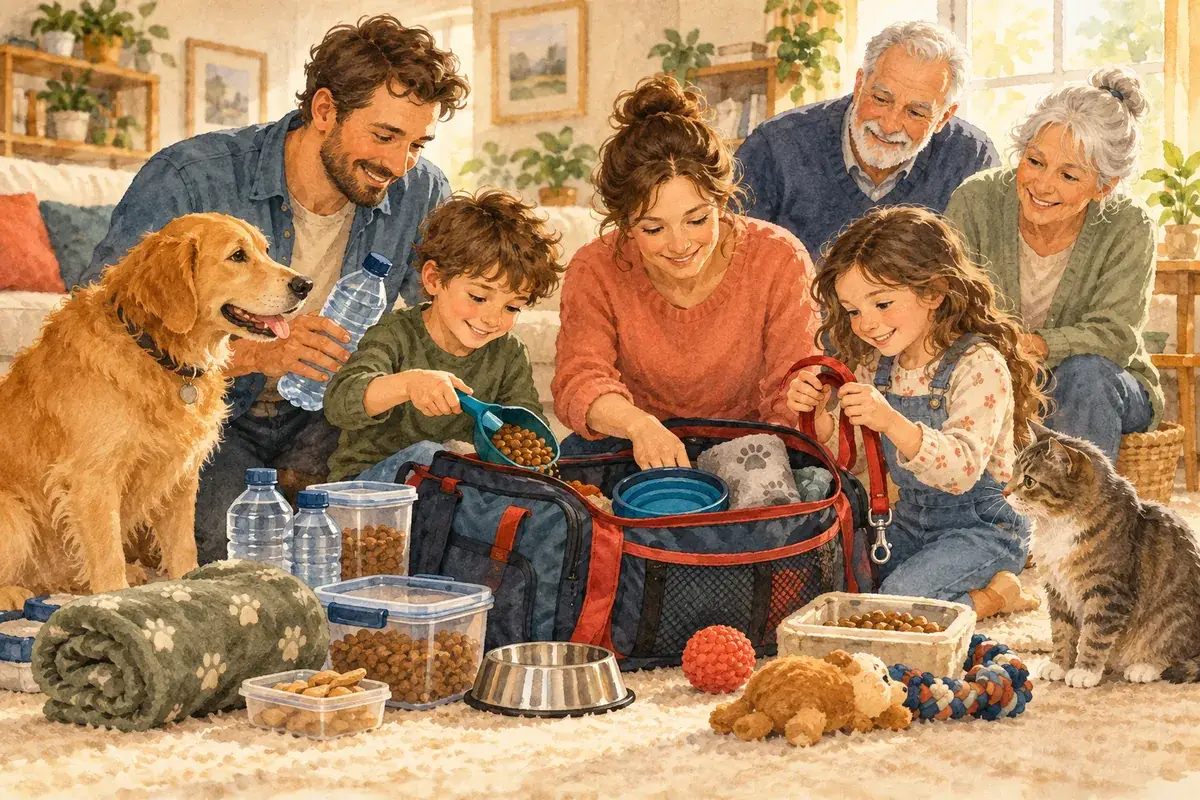 Watercolor of two kids helping their parents and grandparents fill a pet emergency kit while a golden dog and a cat watch