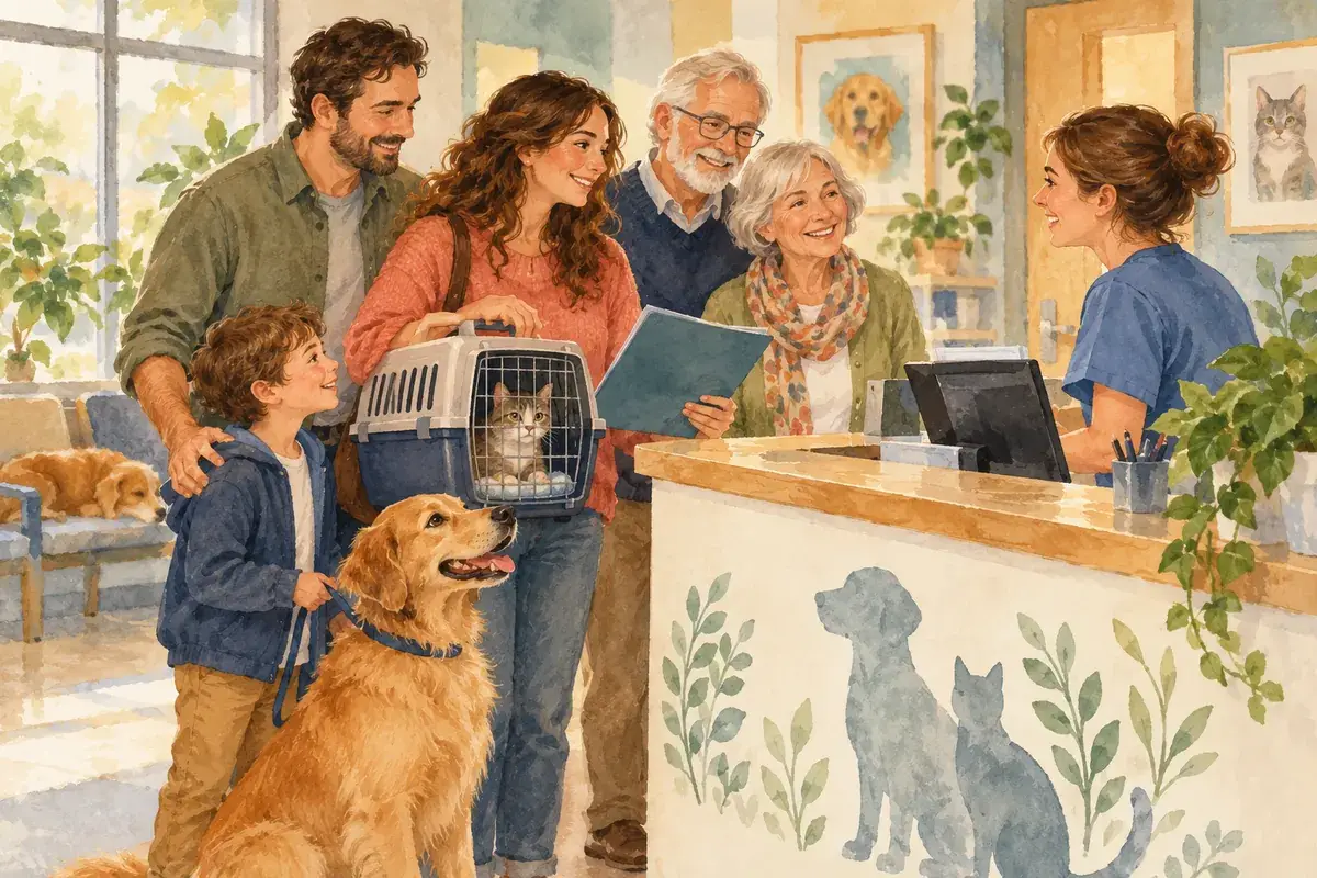 Watercolor of a family at a veterinary front desk with their dog on a leash and a cat in a carrier, holding a records folder