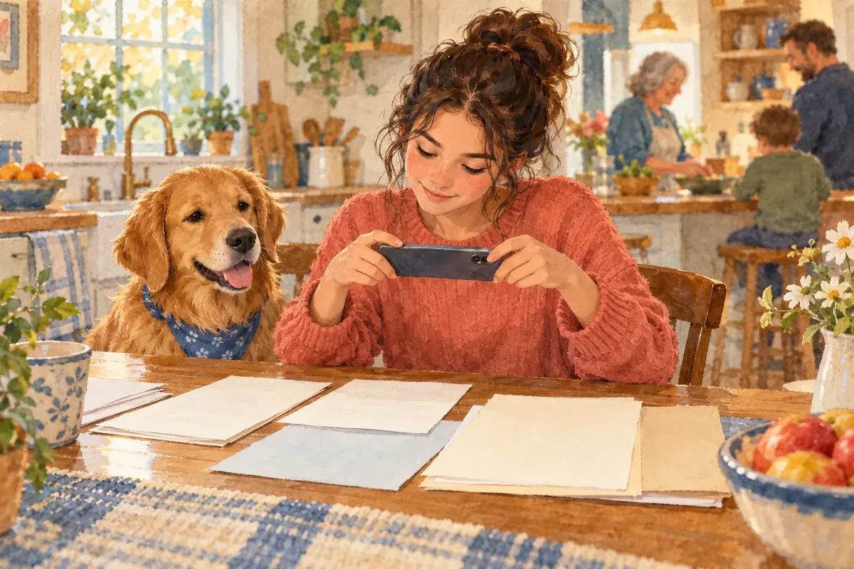 Watercolor of a young woman photographing pet records with her phone at the kitchen table, a golden dog beside her