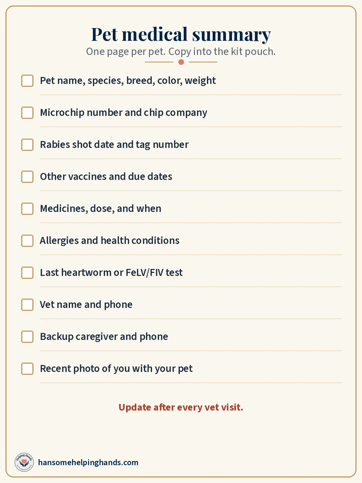 Printable pet medical summary with 10 tick boxes, from microchip number to a photo of you with your pet