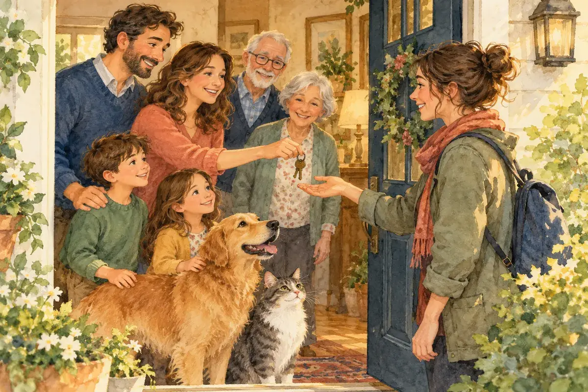 Watercolor of a family with grandparents handing house keys to a pet sitter at the door, a golden dog and a cat beside them