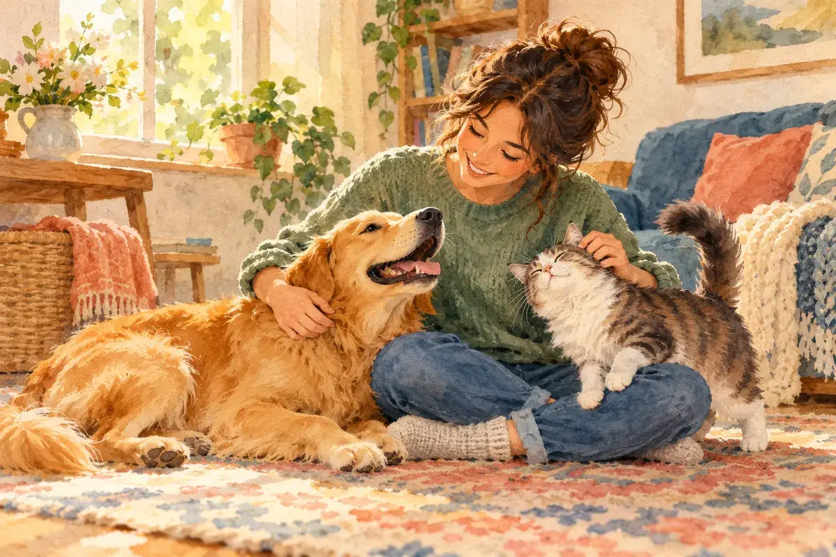 Watercolor of a pet sitter sitting on the floor with a happy golden dog and a fluffy cat