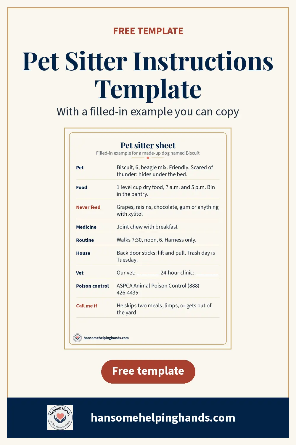 Free pet sitter instructions template you can copy, plus a filled-in example for a made-up dog: exact feeding amounts and times, a never-feed list, medicine, routine, house notes, vet and poison control numbers, and a "call me if" line. Print it or copy it by hand.