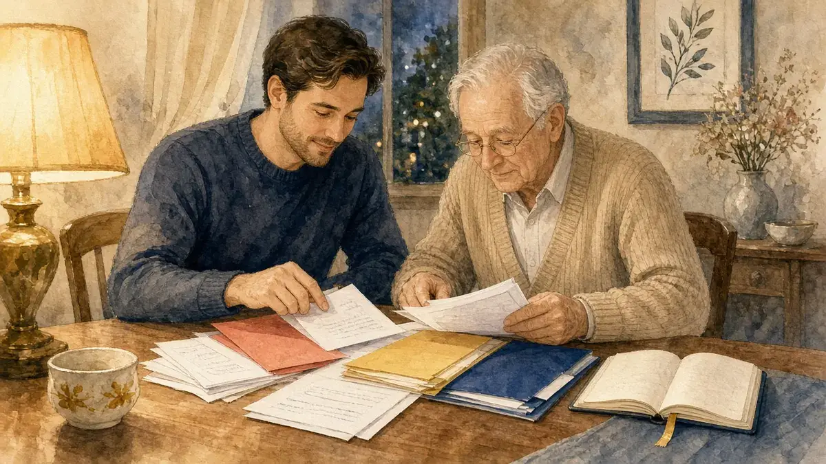 Watercolor of an adult son helping his elderly father sort old bank statements into colored folders at the dining table, with a notebook open for a gift log
