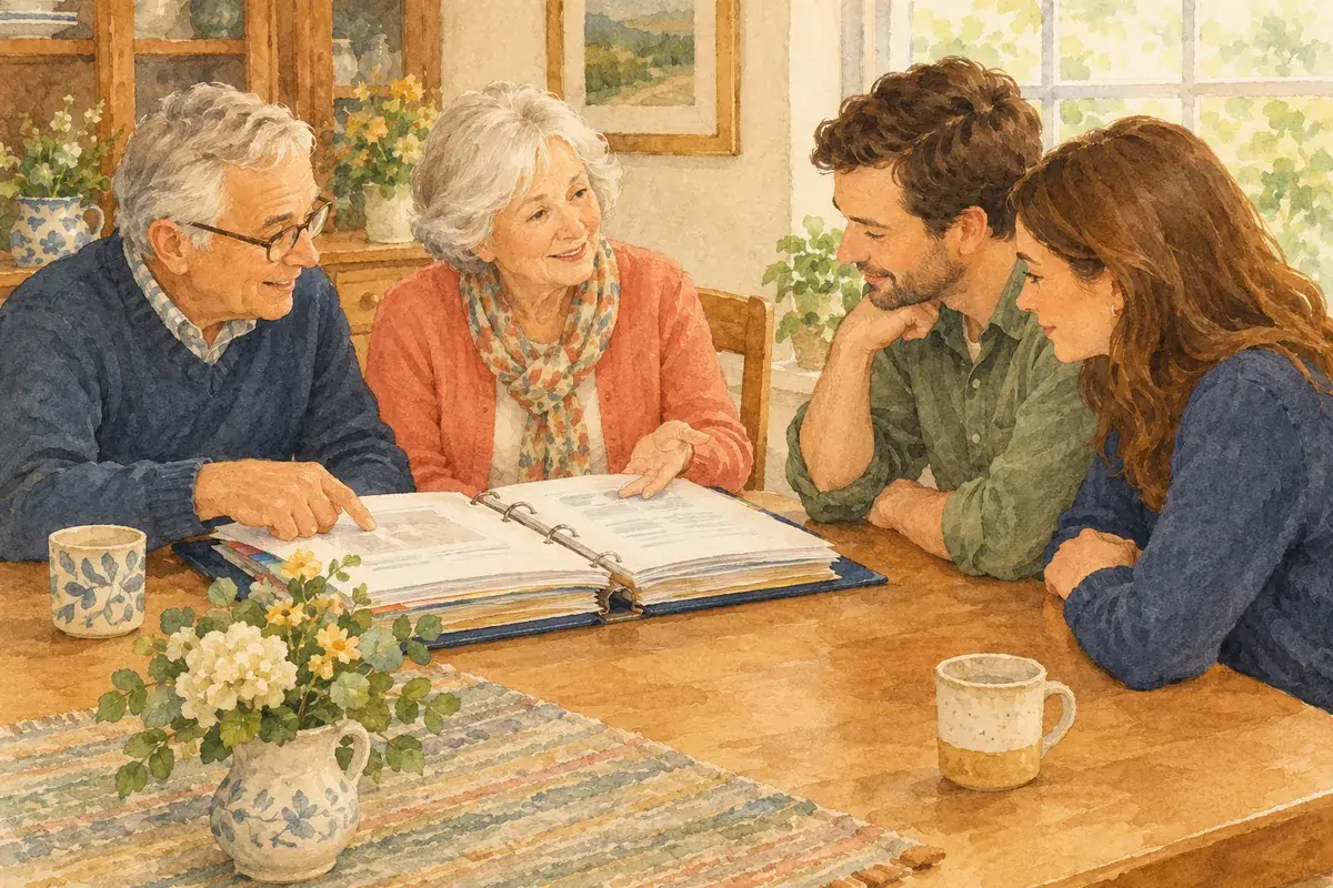 Watercolor of an older couple showing their adult son and daughter a binder of important papers at the dining table