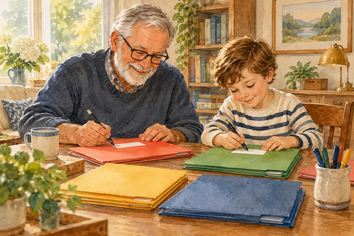 Watercolor of a grandfather and his grandson labeling colored folders together at a desk