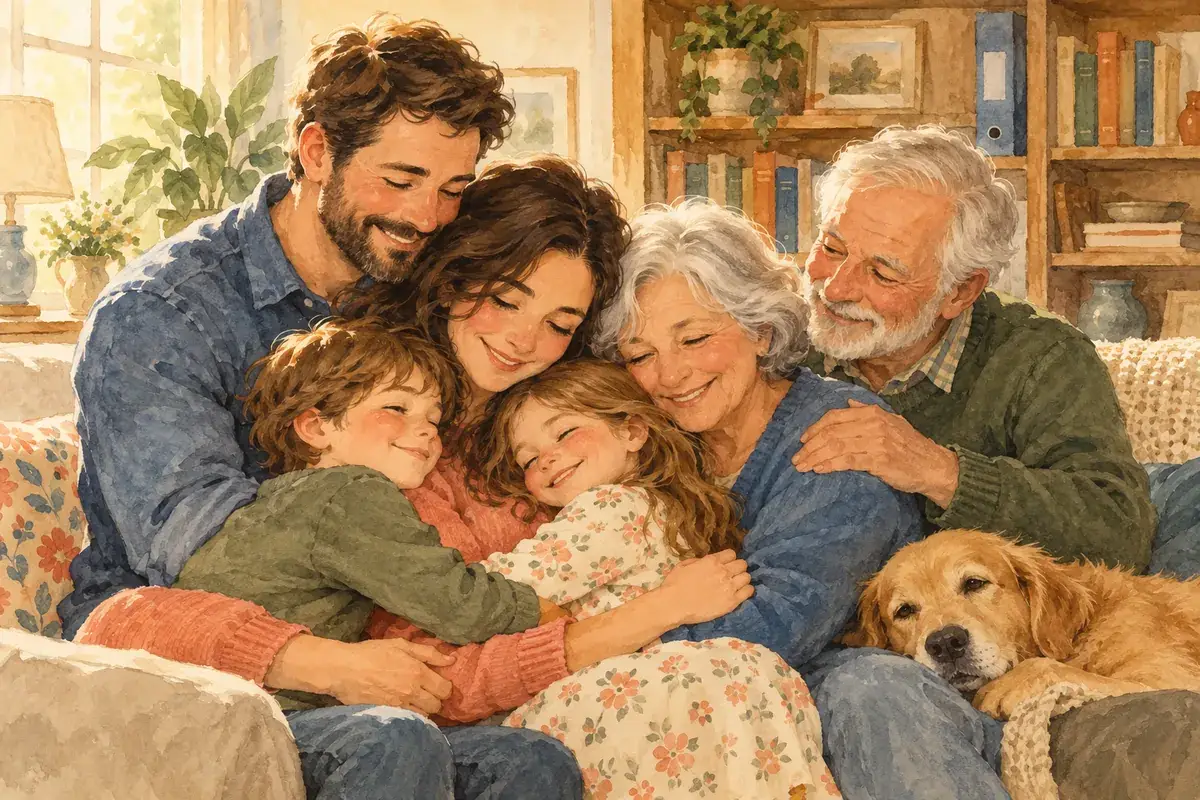 Watercolor of a family hugging on the sofa with the grandparents and a golden dog, a binder on the shelf behind them