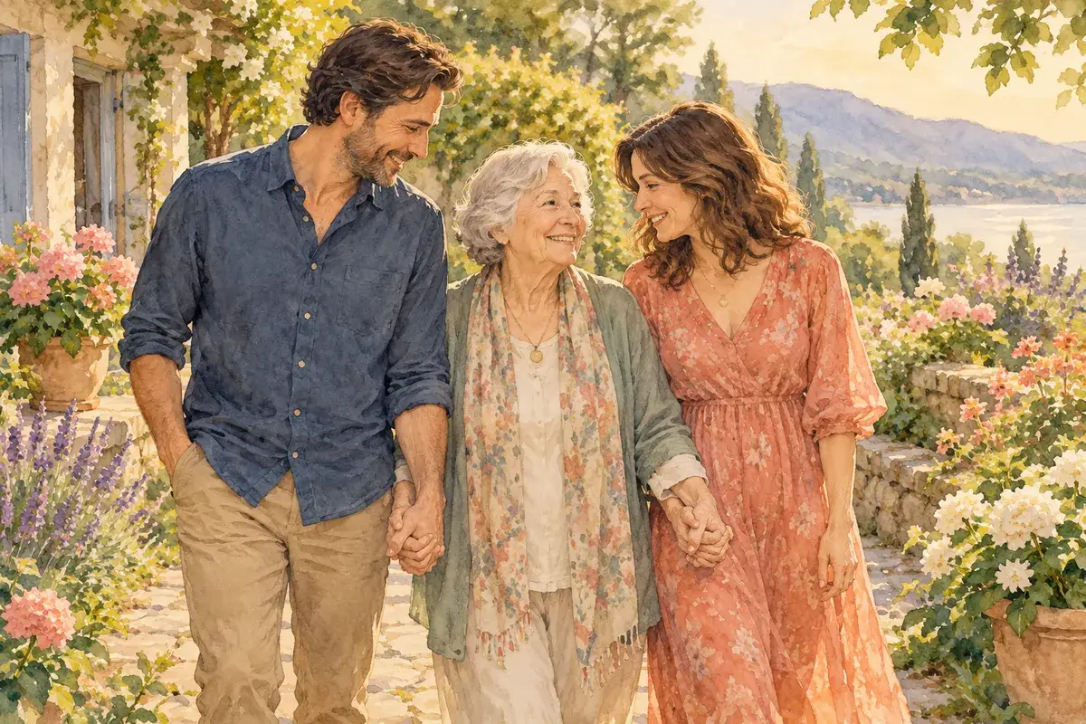 Watercolor of adult siblings walking arm in arm with their widowed mother in a quiet garden