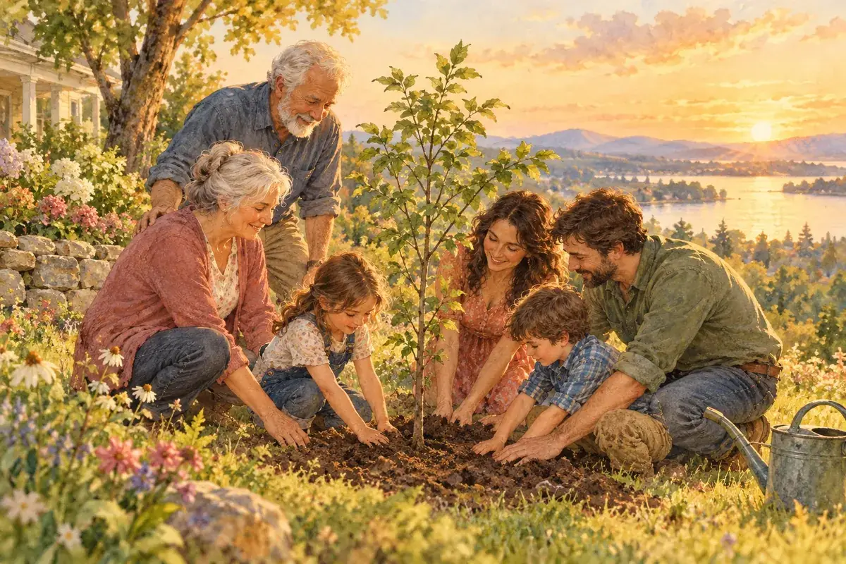 Watercolor of a three-generation family planting a young tree together in memory of a loved one