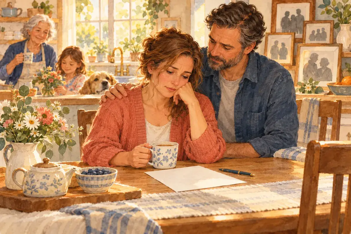 Watercolor of a grieving daughter at the kitchen table with tea and a blank list, her husband comforting her, her mother, a child, and a dog behind