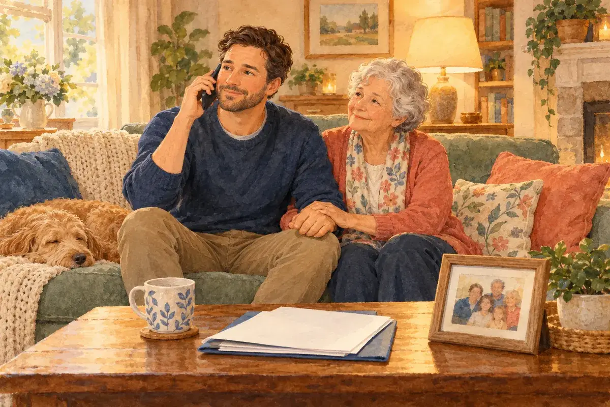 Watercolor of an adult son making a phone call on the sofa while his widowed mother holds his hand, a dog dozing beside them and papers on the table